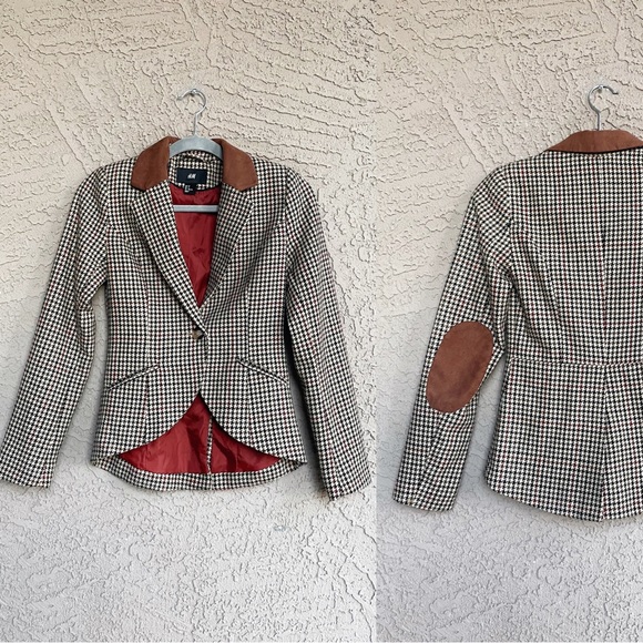 H&M Jackets & Coats Hm Brown Tan Houndstooth Faux Suede Elbow Patch